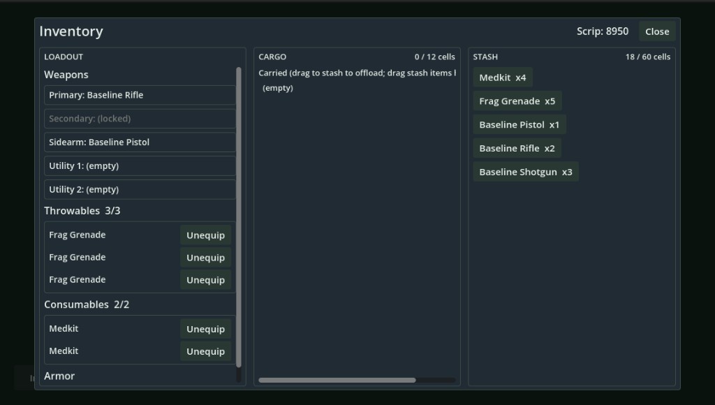 The inventory screen: three columns for loadout, cargo, and stash, with weapons, frag grenades, medkits, and a Scrip balance.