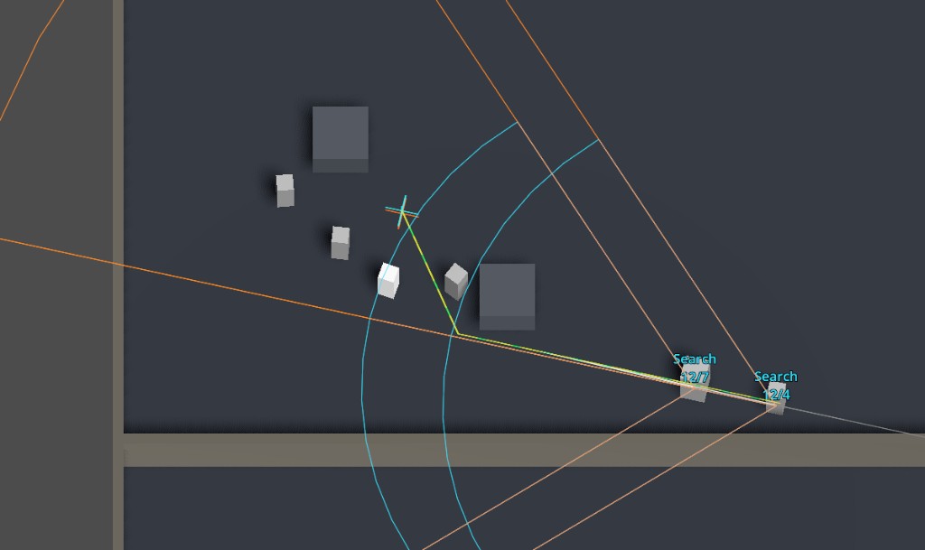 Top-down greybox scene. Two enemy AI in a search state move toward the player's last known position, vision cones in orange and detection arcs in cyan.