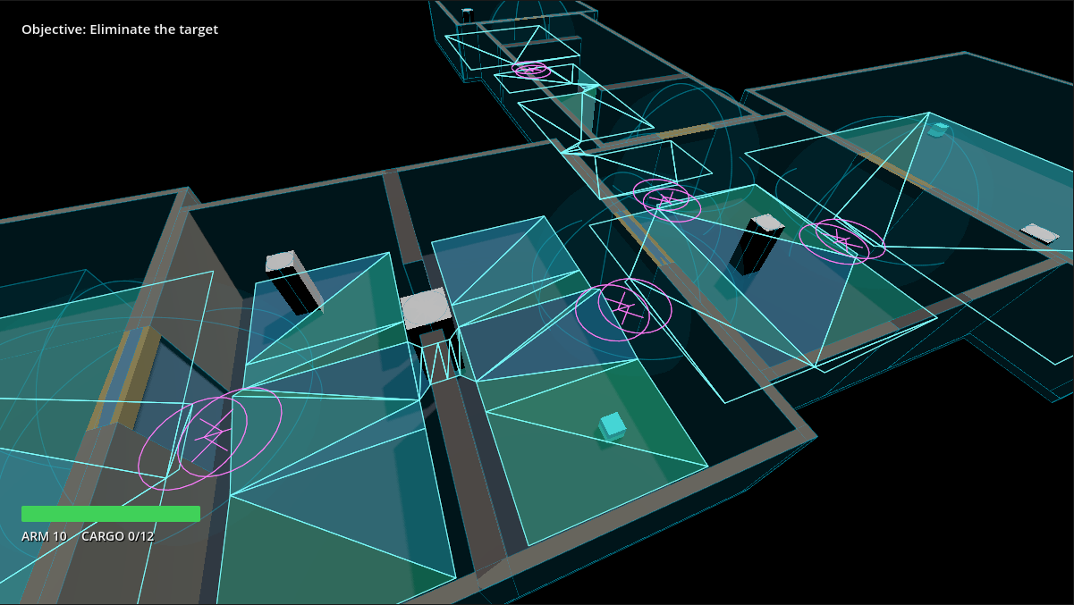 Debug navigation view: several assembled greybox rooms, each with its own navmesh region in a different shade, joined by short link segments drawn across each doorway.